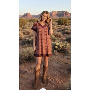 Cotton Mantra Boho Floral Print Tunic Dress L Terracotta Pink Embroidery Earthy